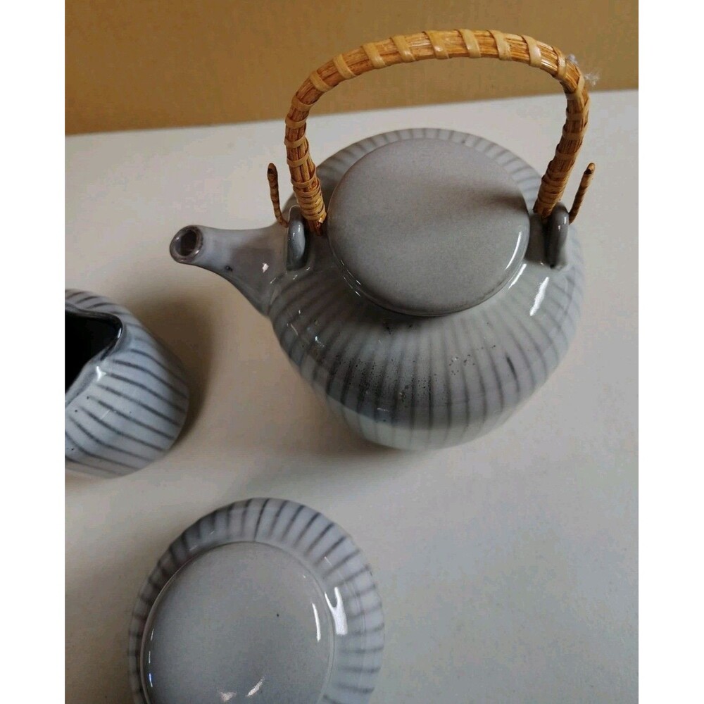 Artisanal Kitchen Supply Soto Gray Ribbed Tea Set - Teapot, Lidded Jar, Creamer - Picture 4 of 9